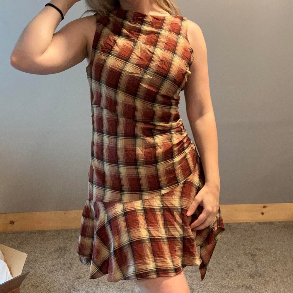 Y2K plaid handkerchief hem slip dress size M with side zip up
